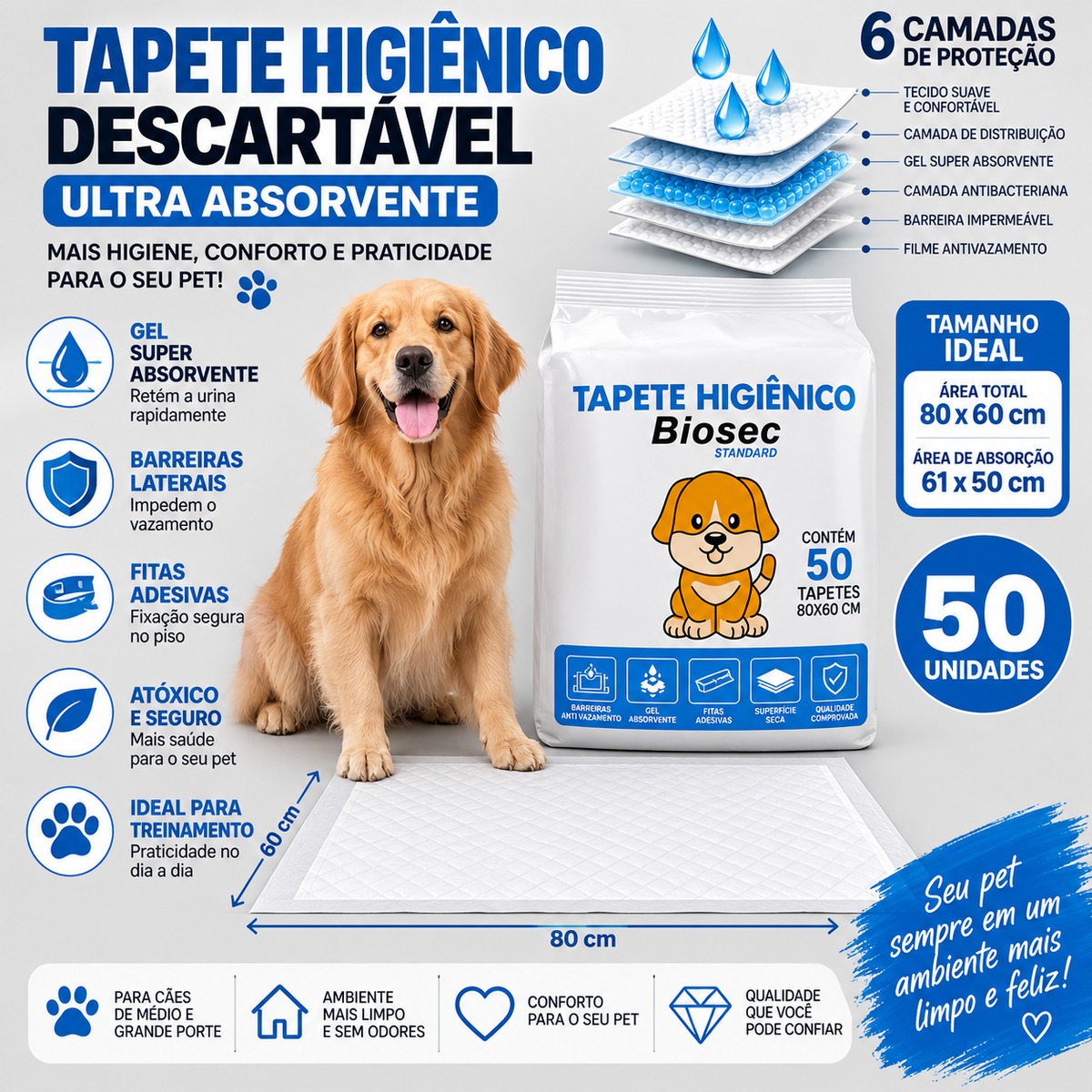 TAPETE HIGIÊNICO 50 UNIDADES 80X60 BIOSEC DESCARTÁVEL